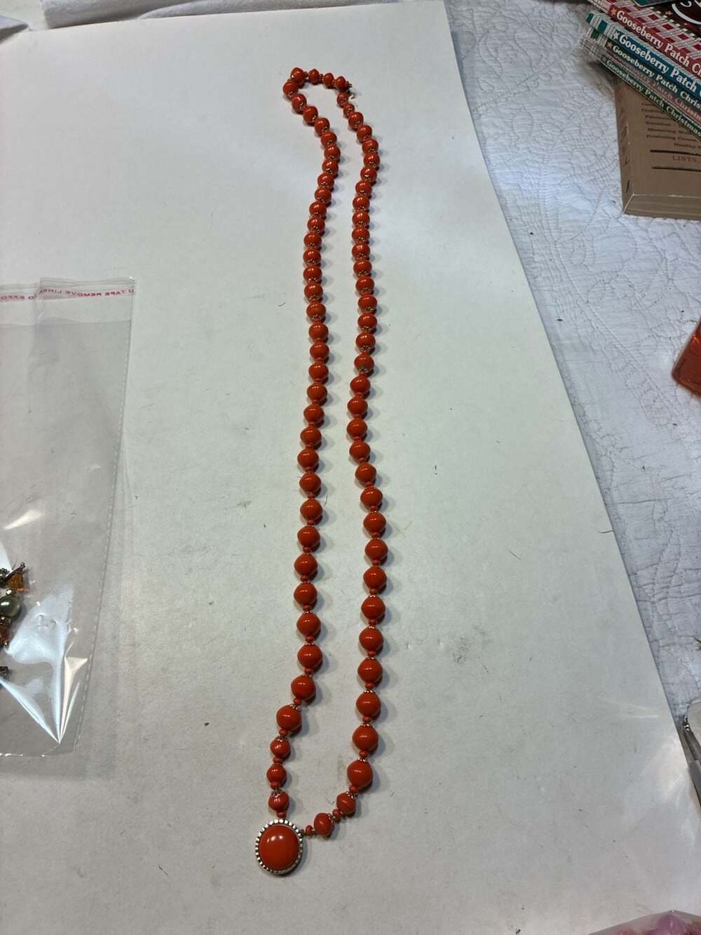 Vintage Hong Kong Orange Beaded Pendant Necklace Gold Tone Jewelry